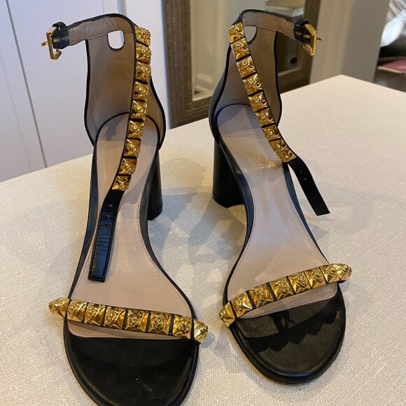 Stuart Weitzman Rosemarie Black Rose Gold Stud Sandals Leather - Picture 2 of 4